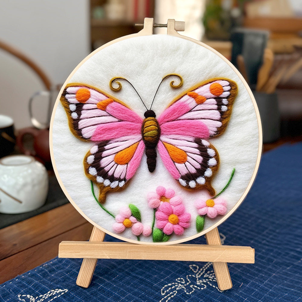 Pink Butterfly and Vibrant Flowers Wool Needle Felting Painting Kit