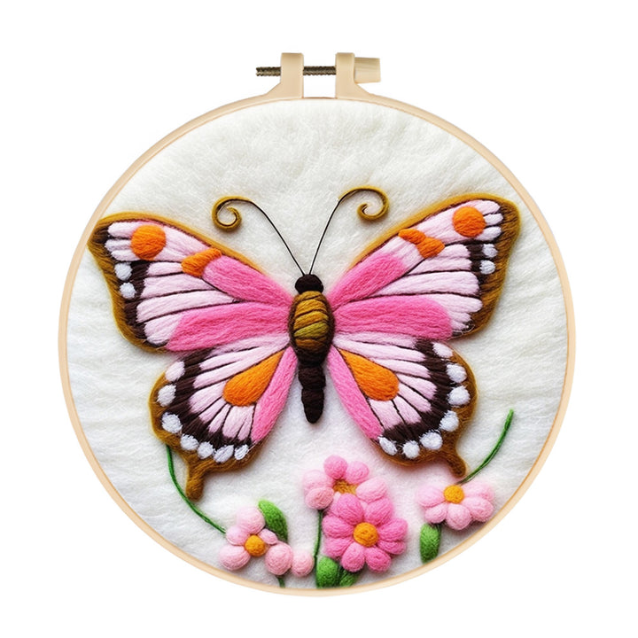 Pink Butterfly and Vibrant Flowers Wool Needle Felting Painting Kit