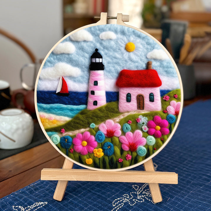 Coastal View with Lighthouse and Flowers Wool Needle Felting Painting Kit