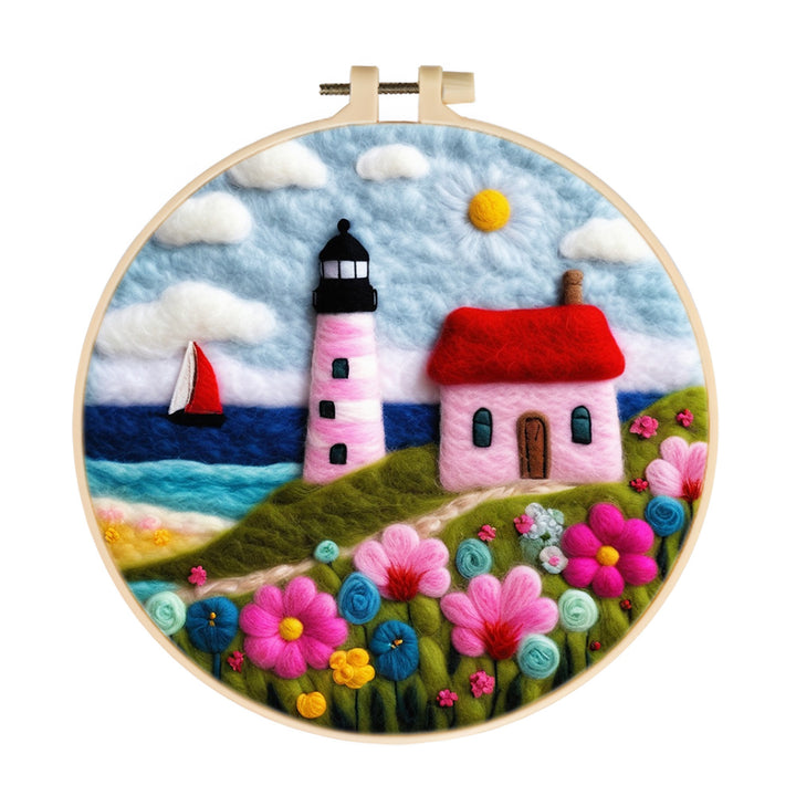 Coastal View with Lighthouse and Flowers Wool Needle Felting Painting Kit