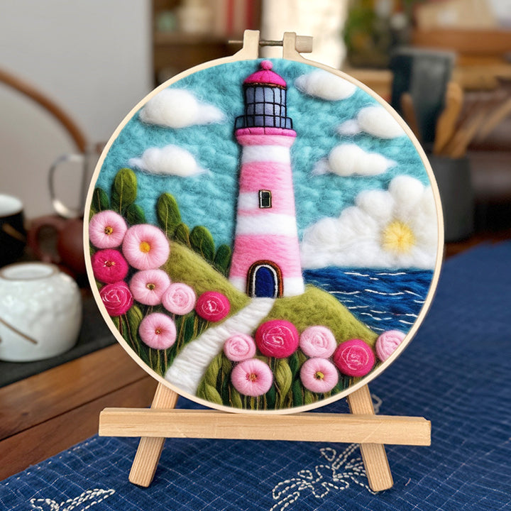 Coastal Lighthouse with Pink Flowers and Sky Wool Needle Felting Painting Kit