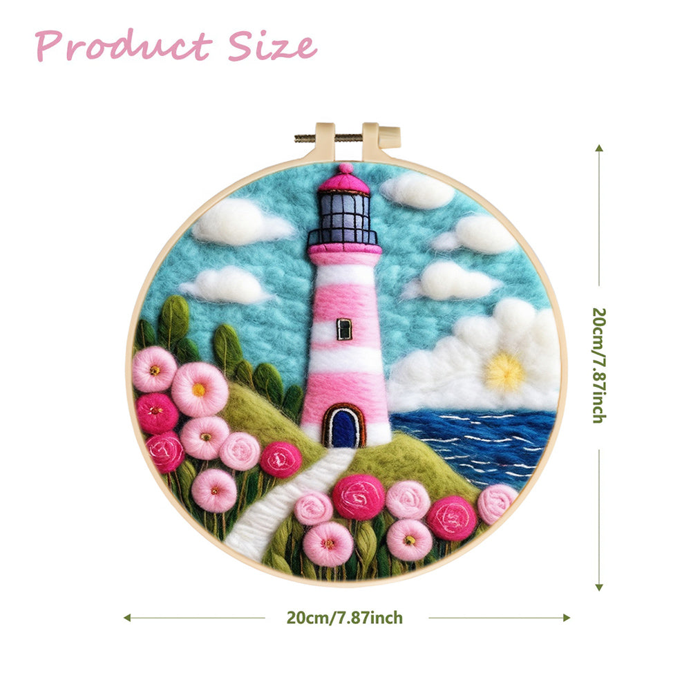 Coastal Lighthouse with Pink Flowers and Sky Wool Needle Felting Painting Kit
