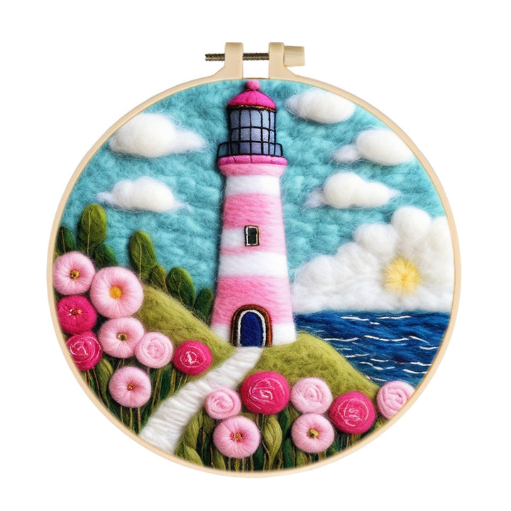 Coastal Lighthouse with Pink Flowers and Sky Wool Needle Felting Painting Kit