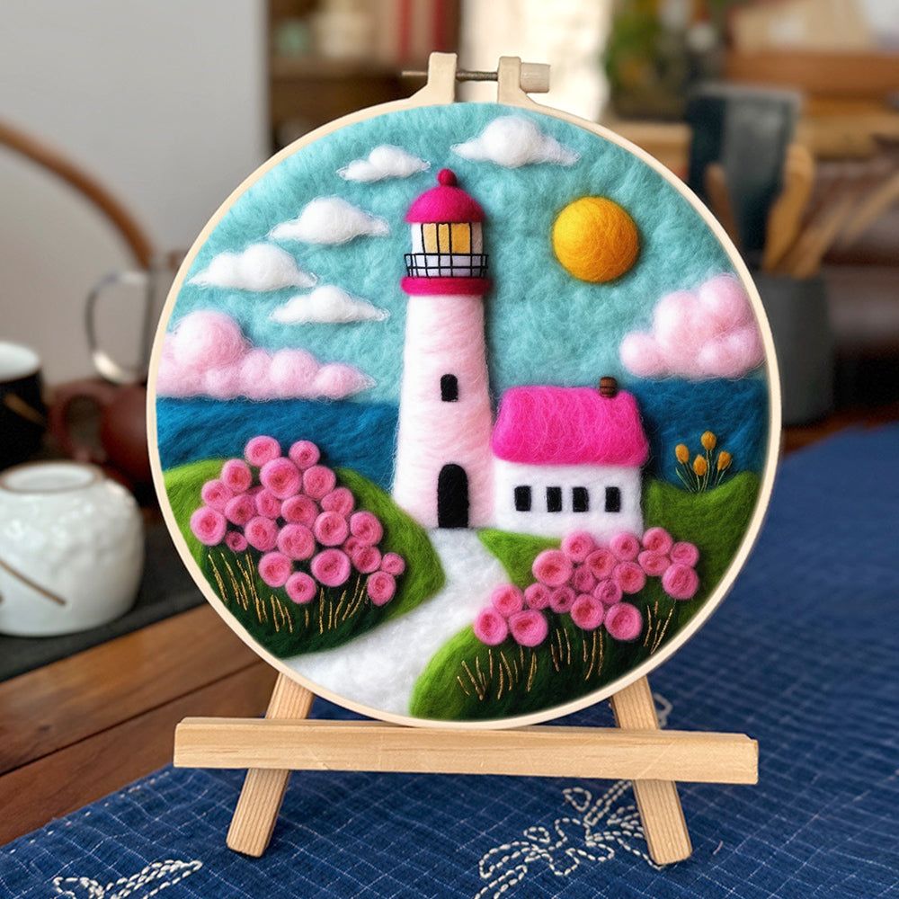 Charming Lighthouse with Pink Blossom Path Wool Needle Felting Painting Kit