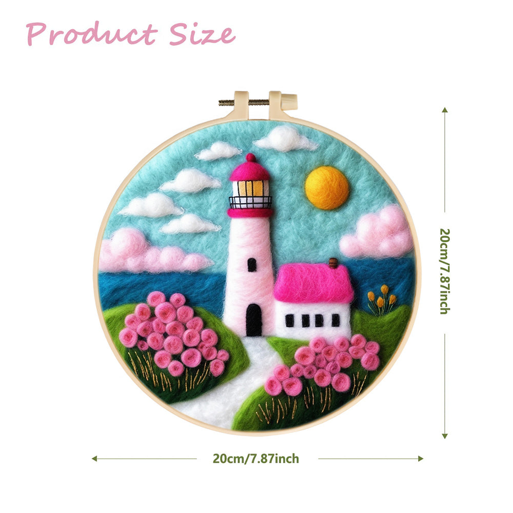 Charming Lighthouse with Pink Blossom Path Wool Needle Felting Painting Kit