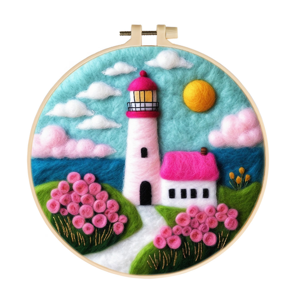 Charming Lighthouse with Pink Blossom Path Wool Needle Felting Painting Kit