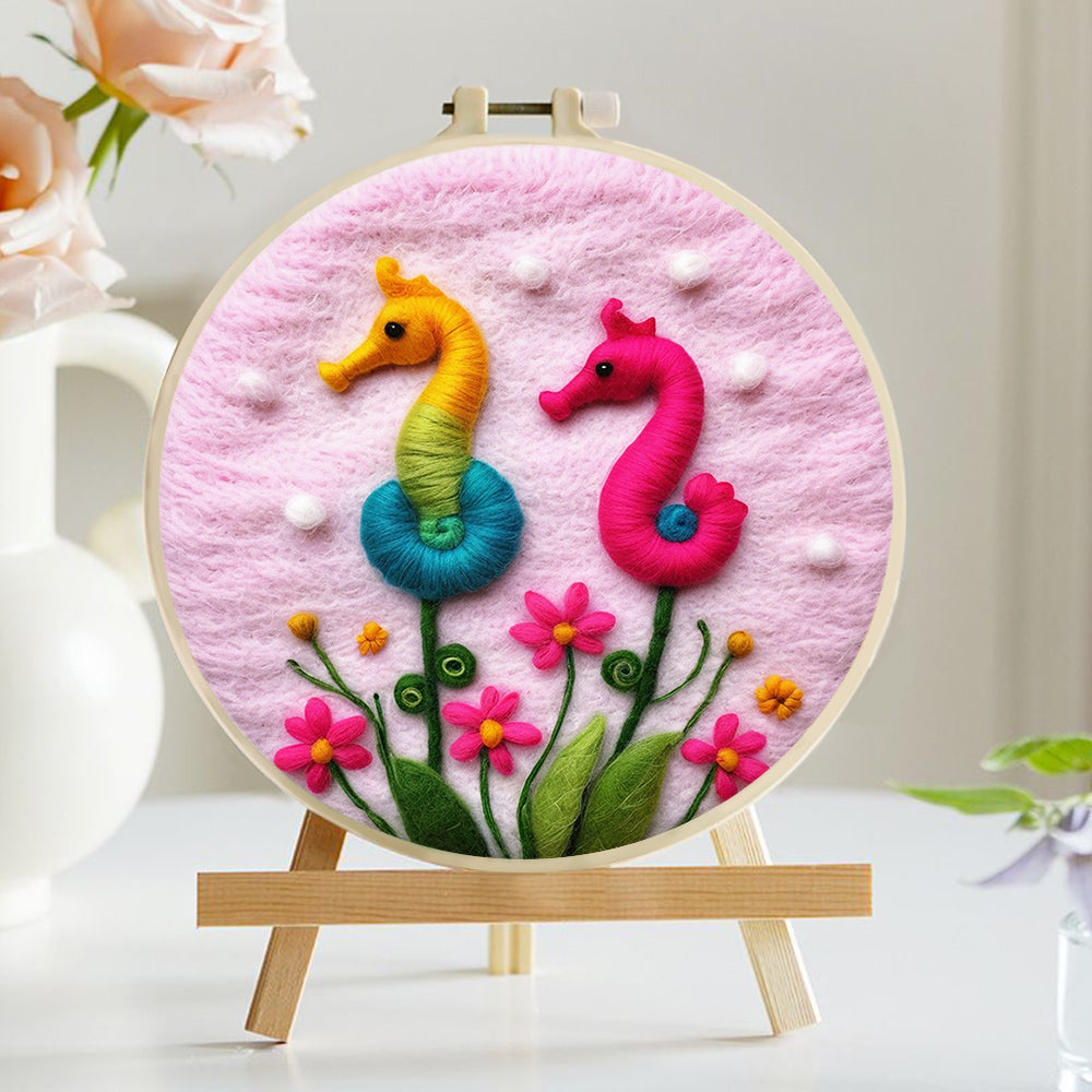 Delicate Seahorses Among Flowers Wool Needle Felting Painting Kit