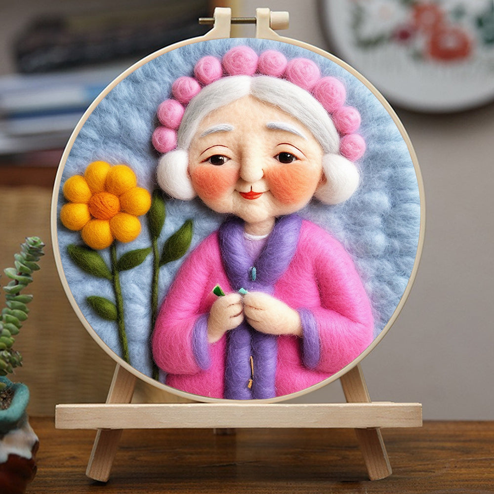 Gentle Elderly Woman and Flower Wool Needle Felting Painting Kit