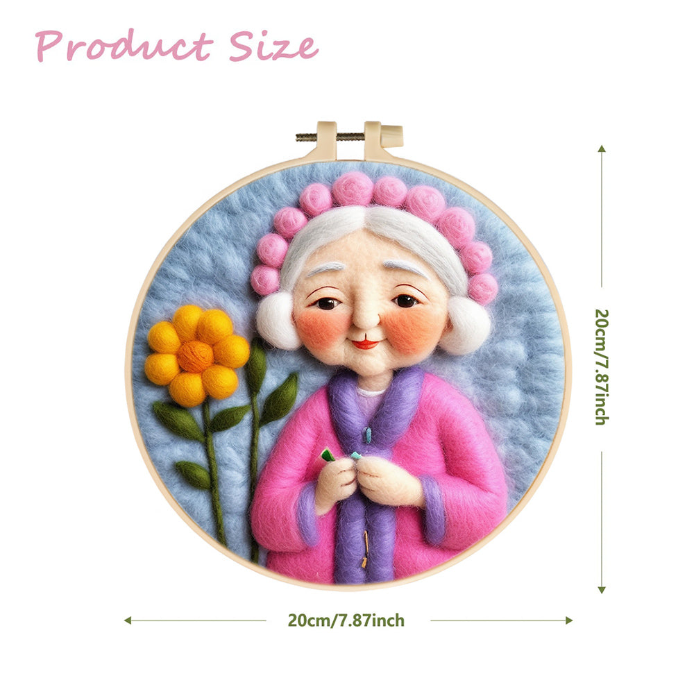 Gentle Elderly Woman and Flower Wool Needle Felting Painting Kit