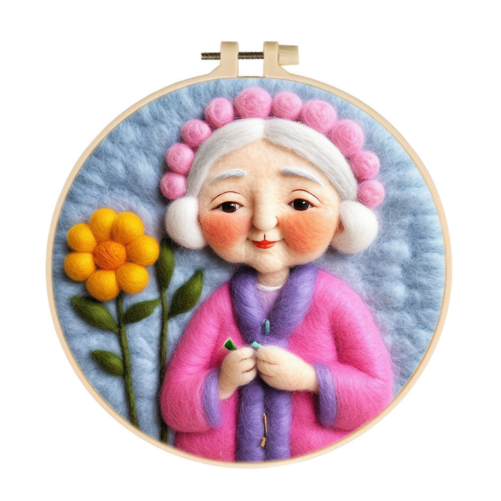 Gentle Elderly Woman and Flower Wool Needle Felting Painting Kit