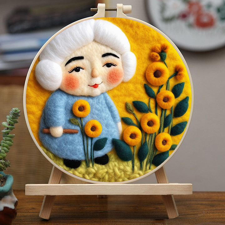 Soft Elderly Woman In Flower Field Wool Needle Felting Painting Kit
