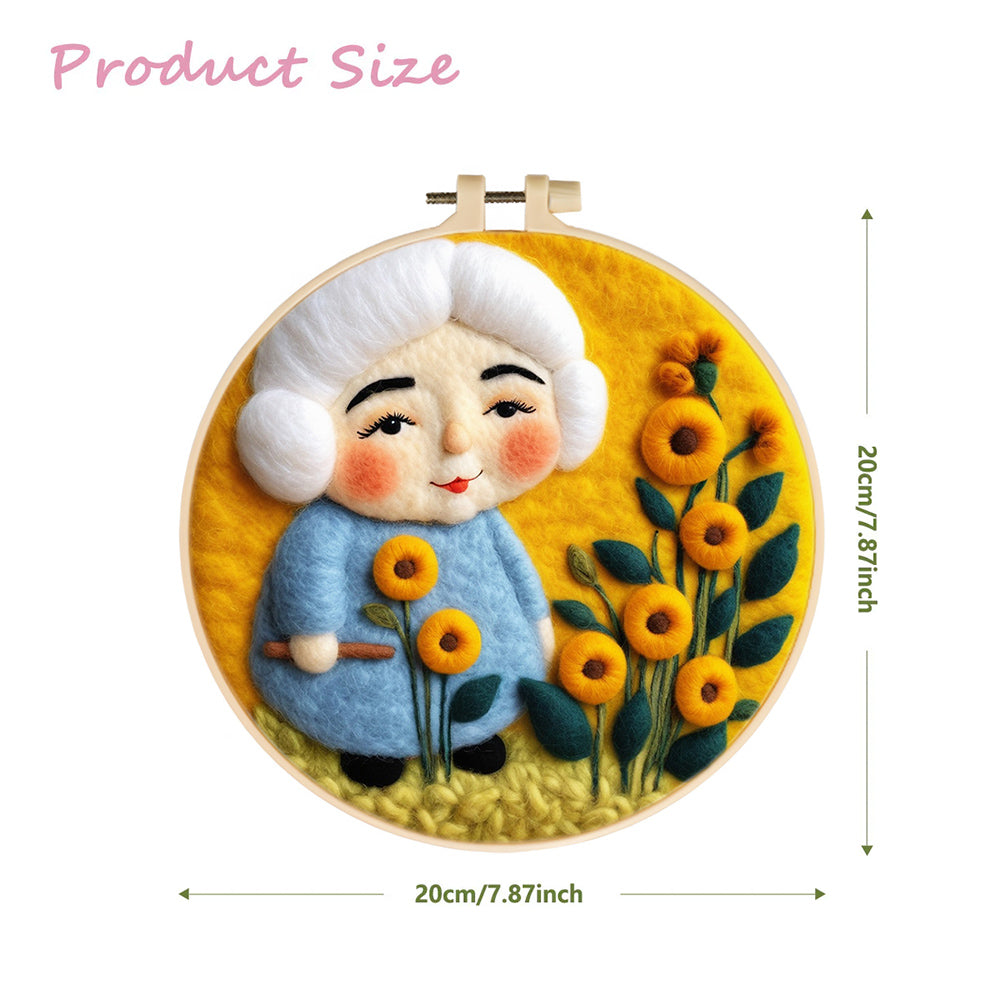 Soft Elderly Woman In Flower Field Wool Needle Felting Painting Kit