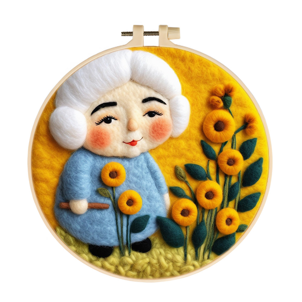 Soft Elderly Woman In Flower Field Wool Needle Felting Painting Kit