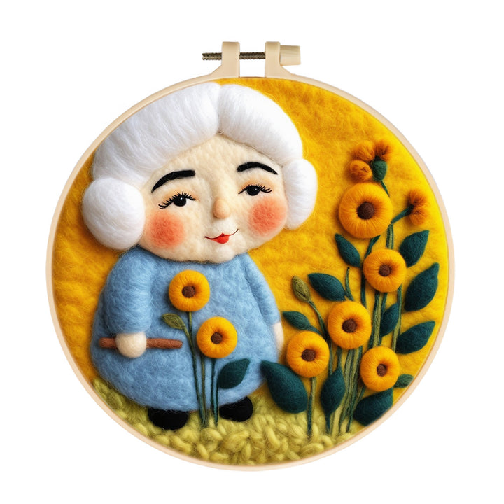 Soft Elderly Woman In Flower Field Wool Needle Felting Painting Kit