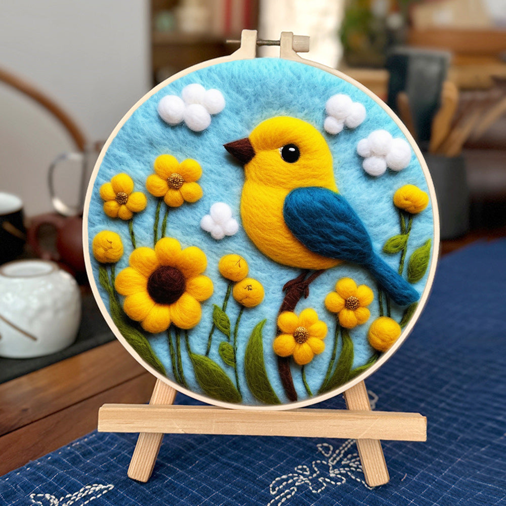 Cheerful Yellow Bird Surrounded by Blossoms Wool Needle Felting Painting Kit