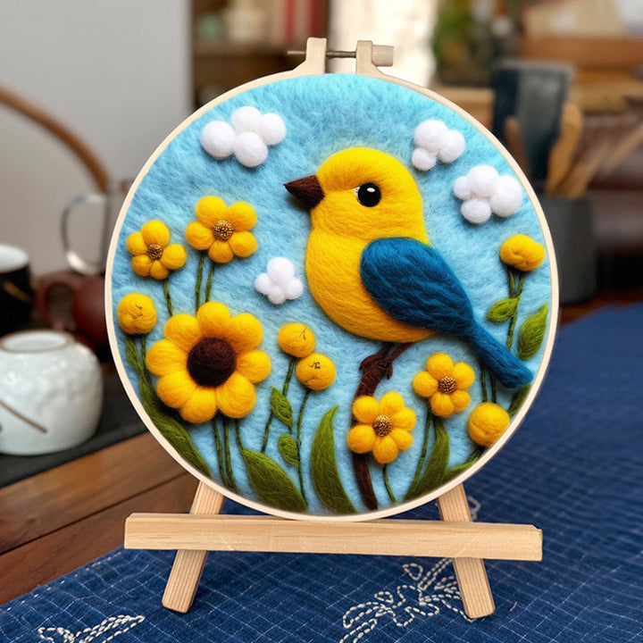 Cheerful Yellow Bird Surrounded by Blossoms Wool Needle Felting Painting Kit