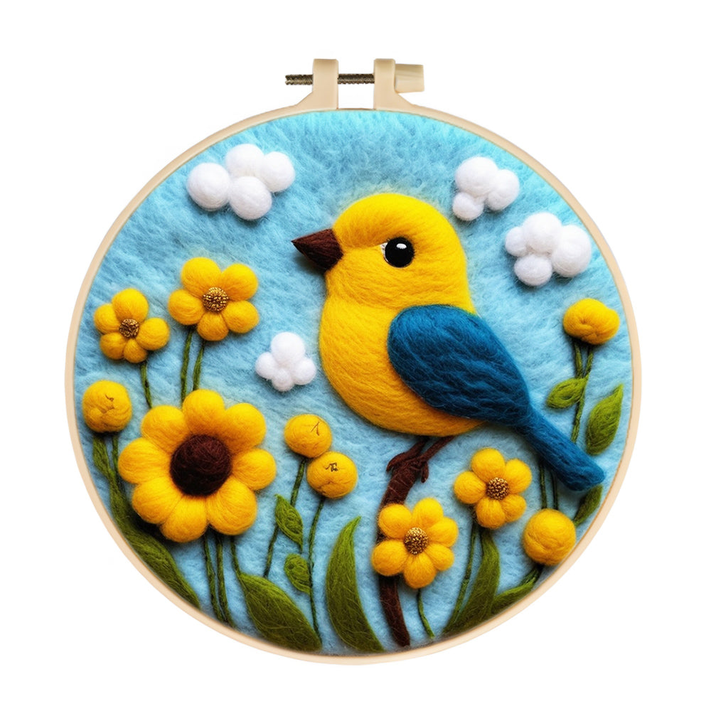 Cheerful Yellow Bird Surrounded by Blossoms Wool Needle Felting Painting Kit