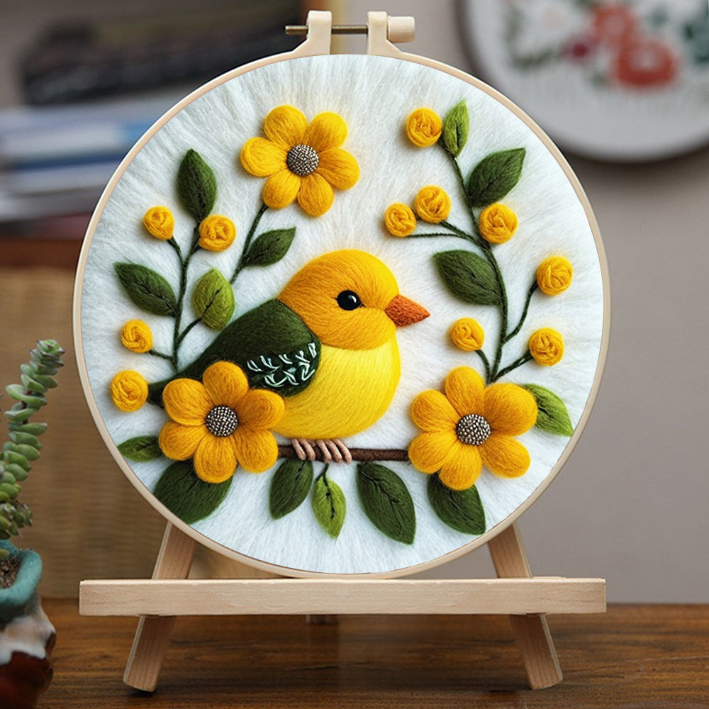 Calm Yellow Bird And Flowers Wool Needle Felting Painting Kit