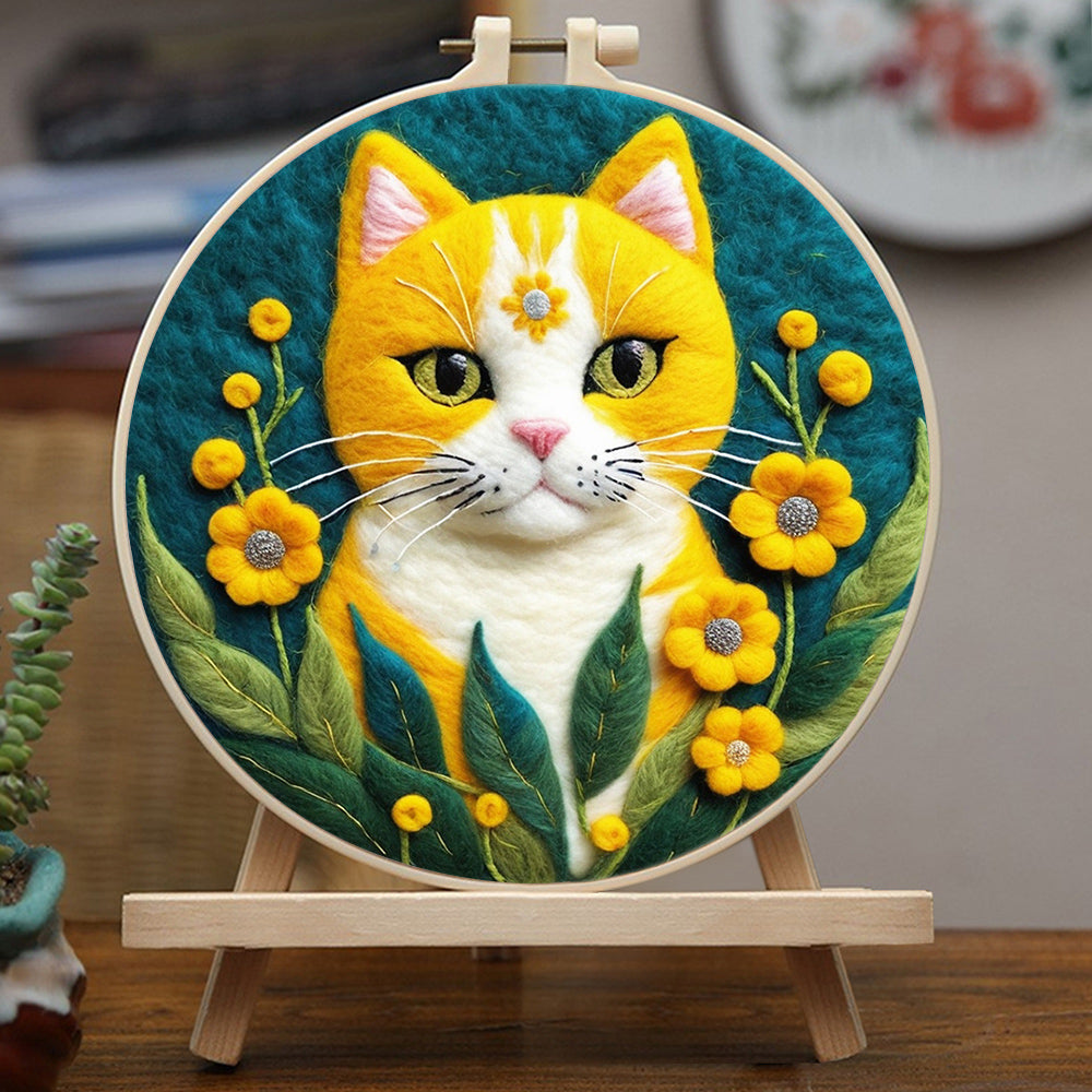 Cat Framed by Blooming Golden Flowers Wool Needle Felting Painting Kit