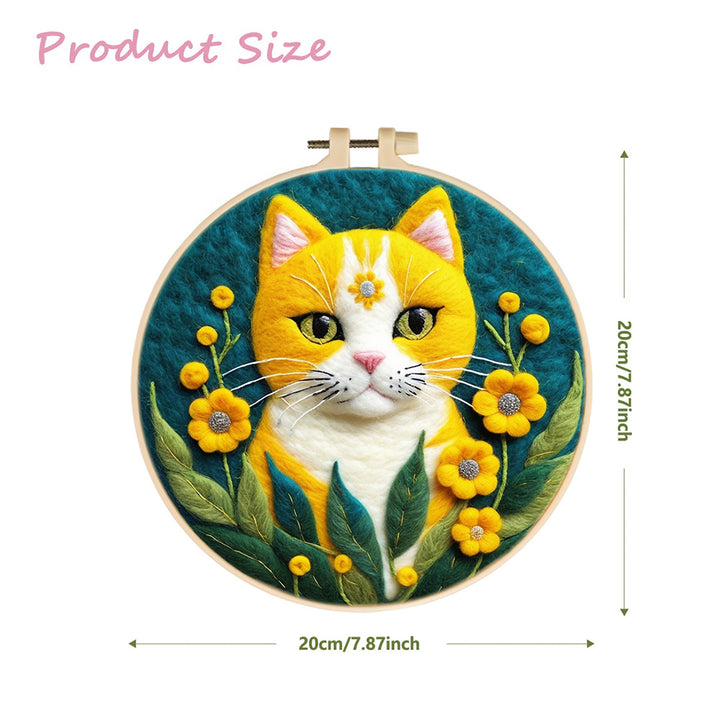 Cat Framed by Blooming Golden Flowers Wool Needle Felting Painting Kit