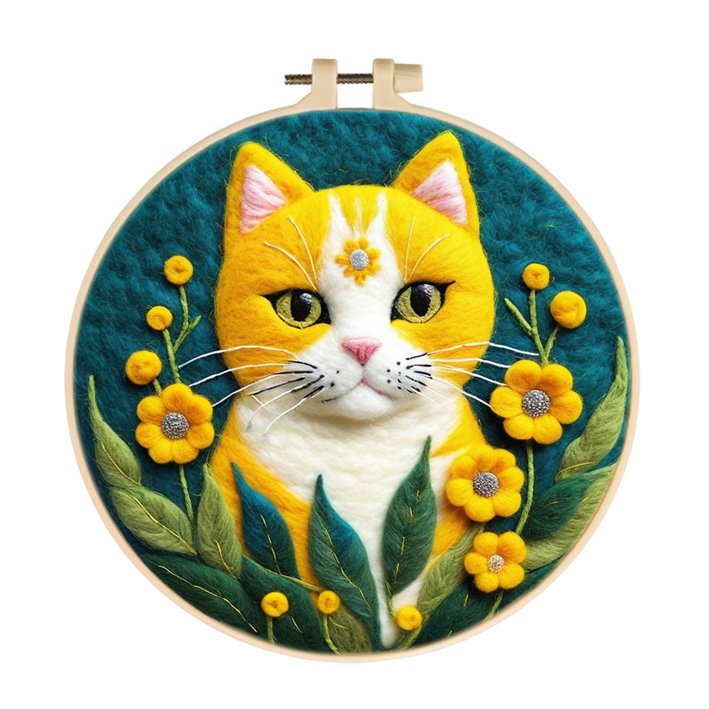 Cat Framed by Blooming Golden Flowers Wool Needle Felting Painting Kit
