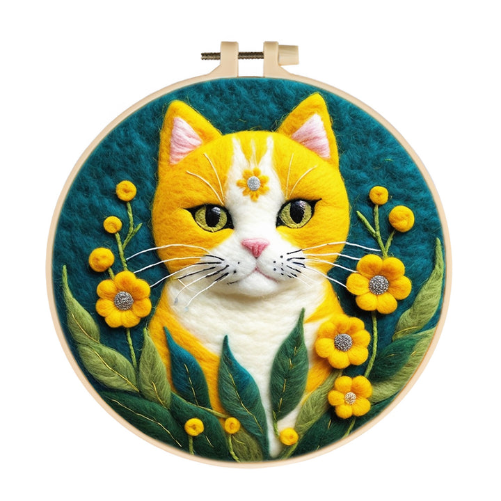 Cat Framed by Blooming Golden Flowers Wool Needle Felting Painting Kit