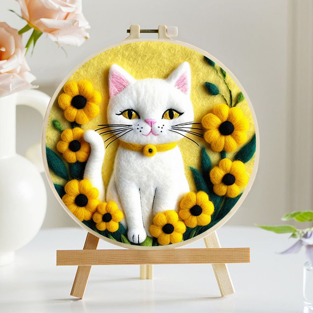 White Cat Standing with Yellow Flowers Wool Needle Felting Painting Kit