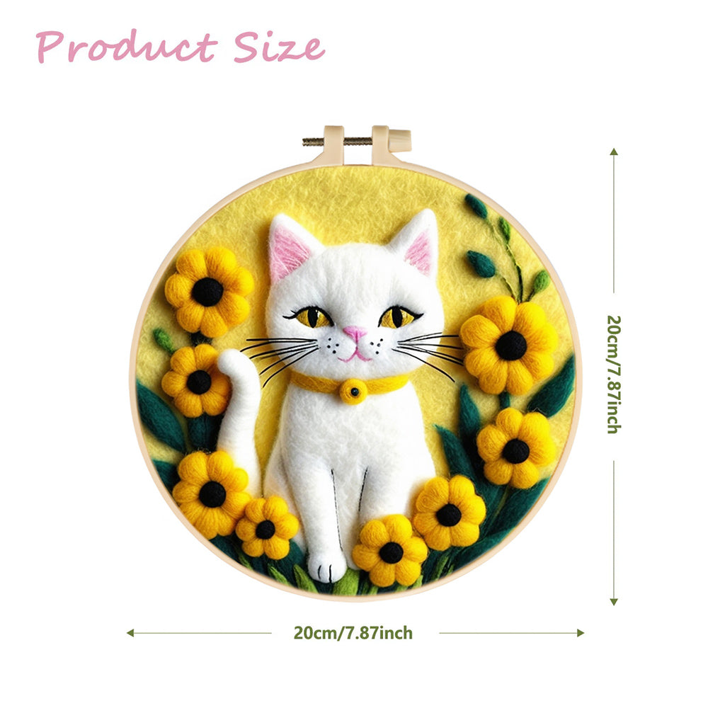 White Cat Standing with Yellow Flowers Wool Needle Felting Painting Kit