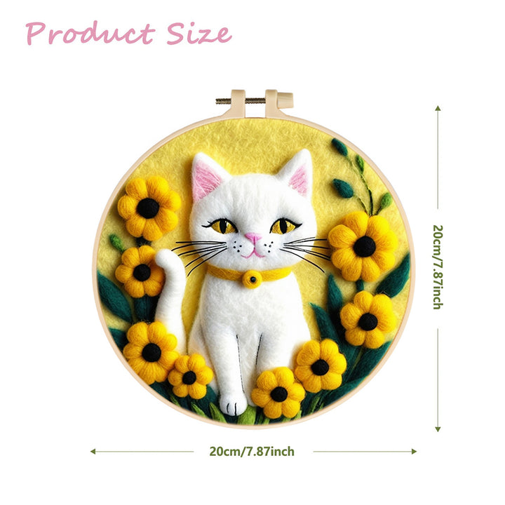White Cat Standing with Yellow Flowers Wool Needle Felting Painting Kit