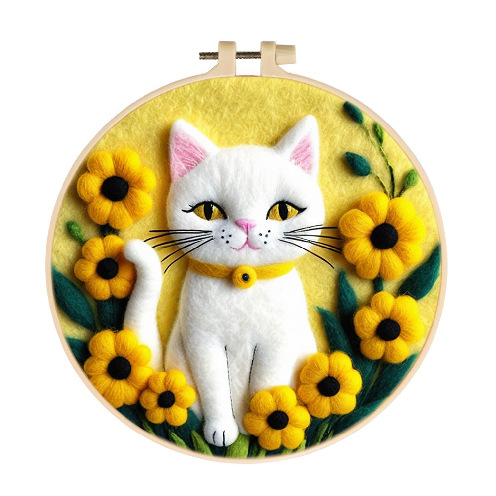 White Cat Standing with Yellow Flowers Wool Needle Felting Painting Kit