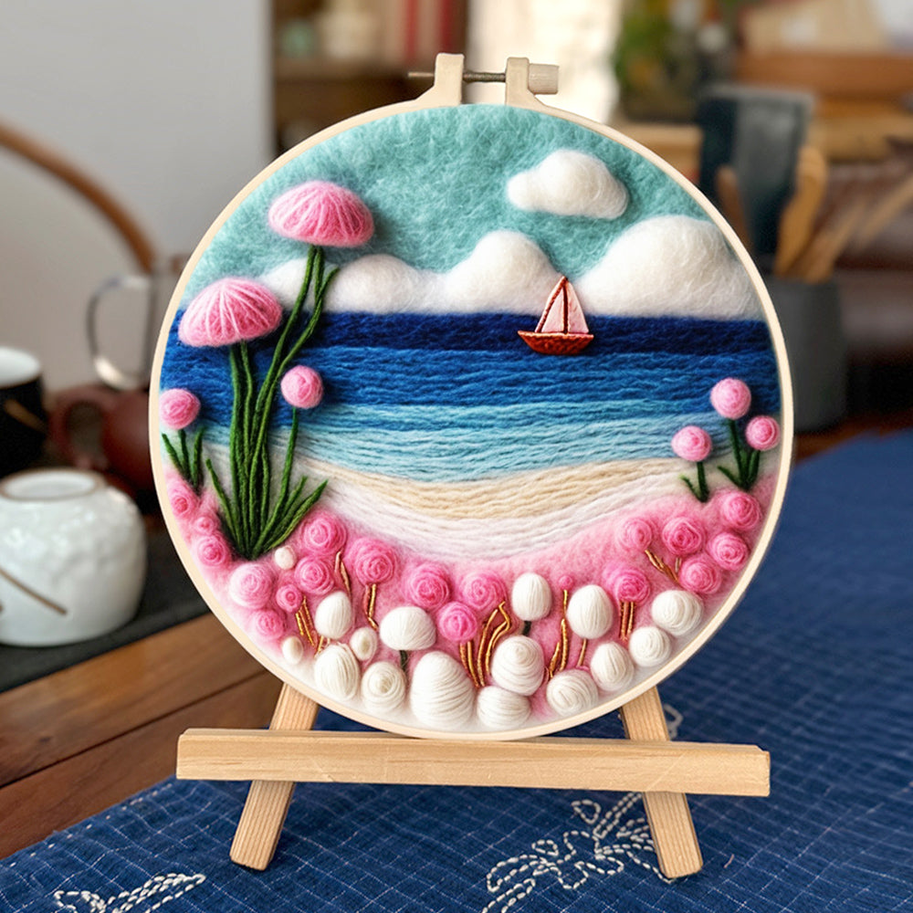 Gentle Shores with Pink Blossoms and Sea Wool Needle Felting Painting Kit