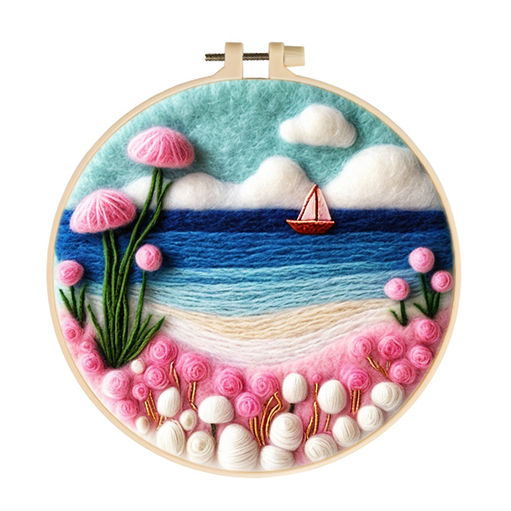Gentle Shores with Pink Blossoms and Sea Wool Needle Felting Painting Kit