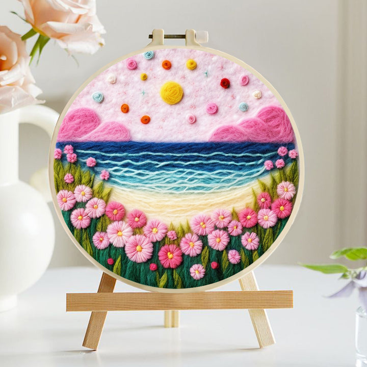 Floral Coastline with Soft Waves and Pink Clouds Wool Needle Felting Painting Kit