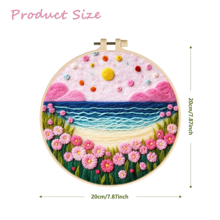 Floral Coastline with Soft Waves and Pink Clouds Wool Needle Felting Painting Kit