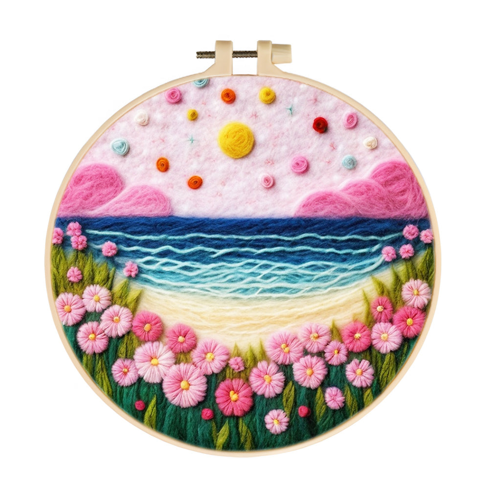 Floral Coastline with Soft Waves and Pink Clouds Wool Needle Felting Painting Kit
