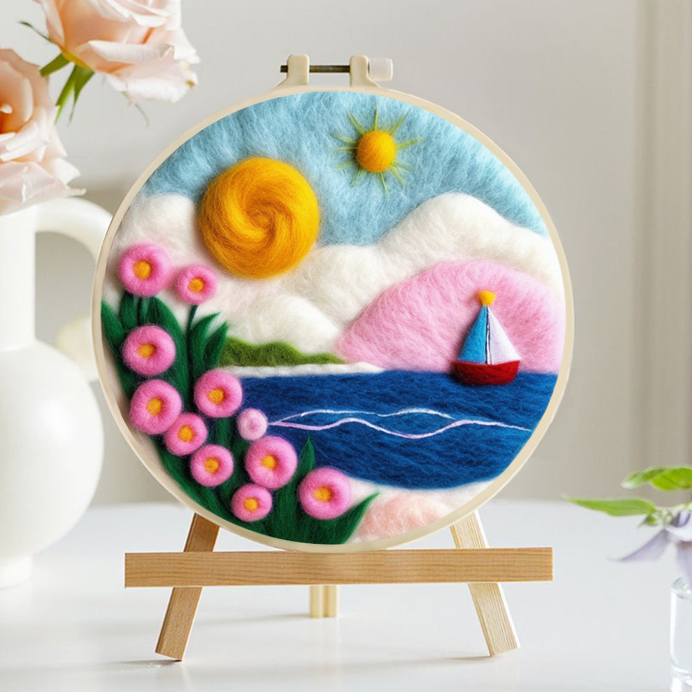 Pink Flowers on a Tranquil Beach Wool Needle Felting Painting Kit