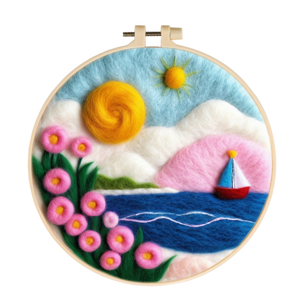 Pink Flowers on a Tranquil Beach Wool Needle Felting Painting Kit