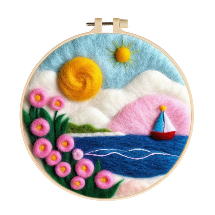 Pink Flowers on a Tranquil Beach Wool Needle Felting Painting Kit