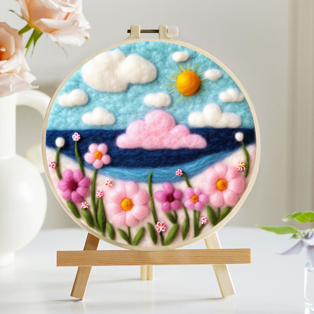 Pink Clouds and Vibrant Flowers Wool Needle Felting Painting Kit