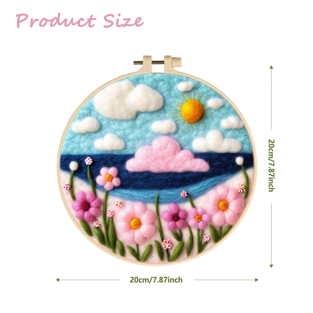 Pink Clouds and Vibrant Flowers Wool Needle Felting Painting Kit