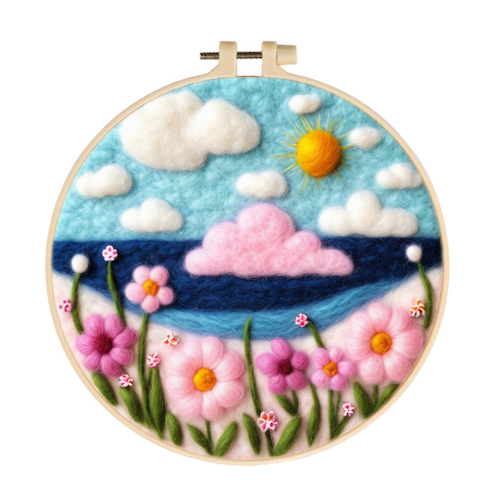 Pink Clouds and Vibrant Flowers Wool Needle Felting Painting Kit