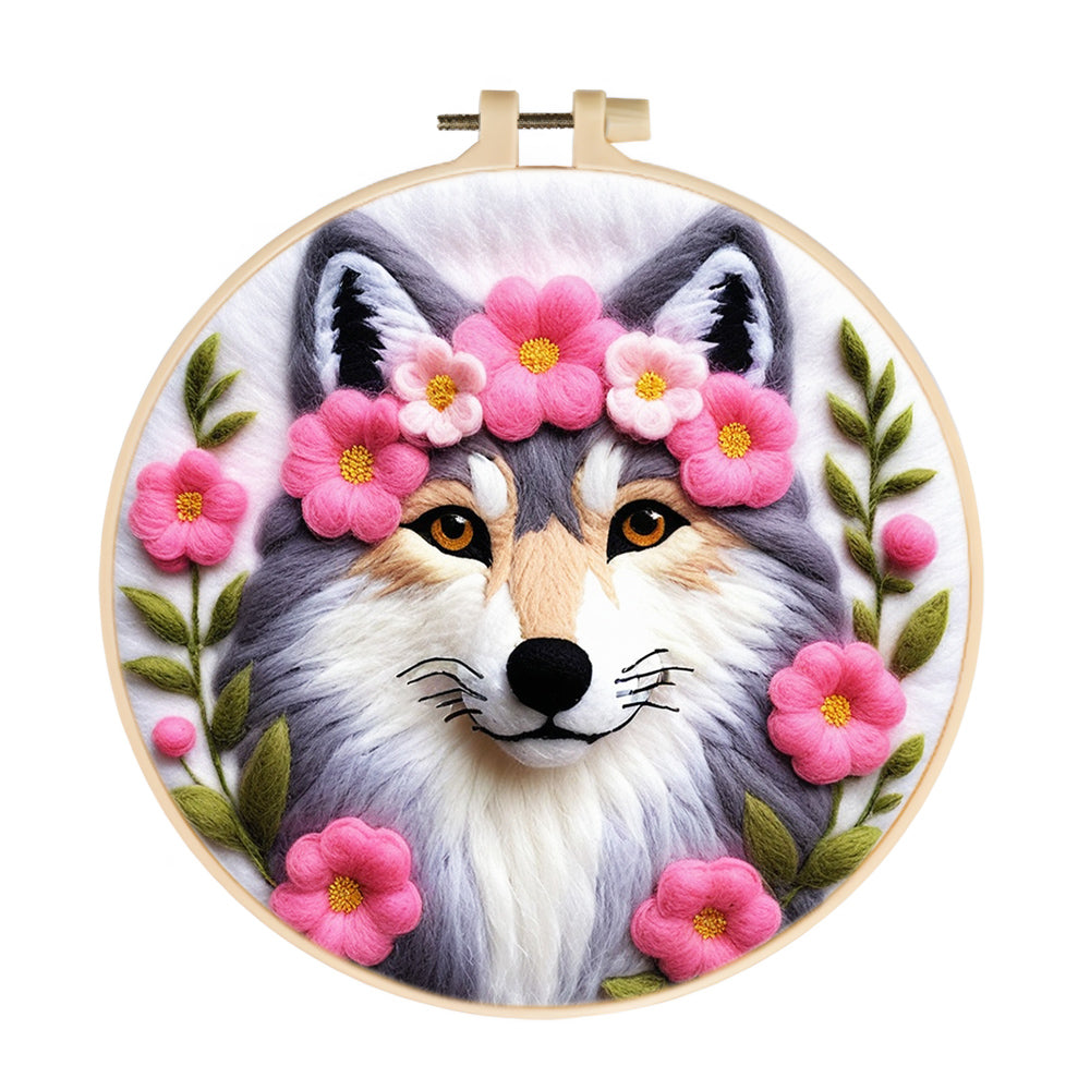 Elegant Wolf With Floral Crown Wool Needle Felting Painting Kit