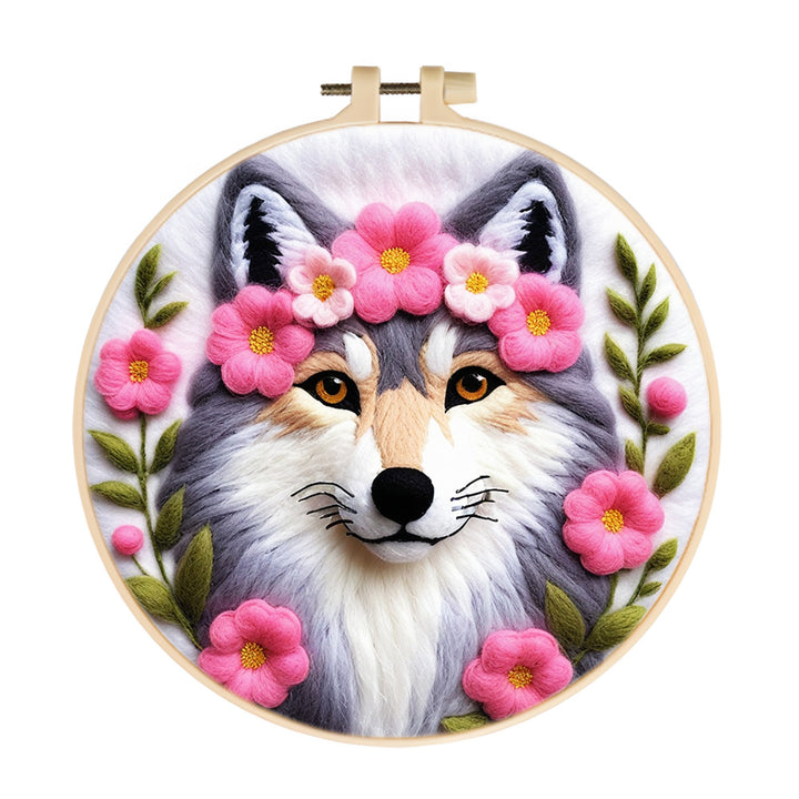 Elegant Wolf With Floral Crown Wool Needle Felting Painting Kit