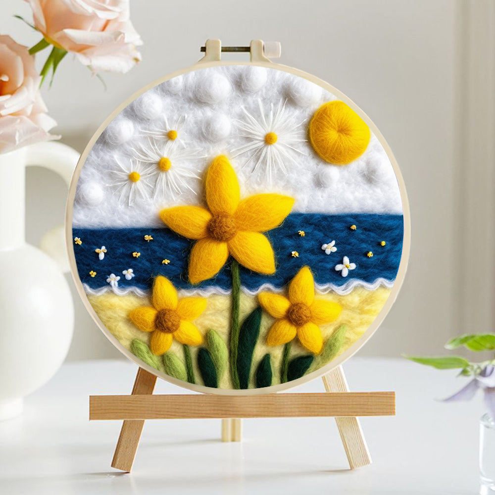 Sunny Shores with Yellow Flowers and Waves Wool Needle Felting Painting Kit