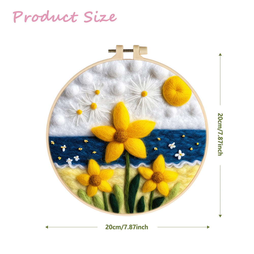 Sunny Shores with Yellow Flowers and Waves Wool Needle Felting Painting Kit