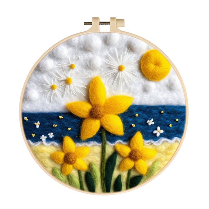 Sunny Shores with Yellow Flowers and Waves Wool Needle Felting Painting Kit