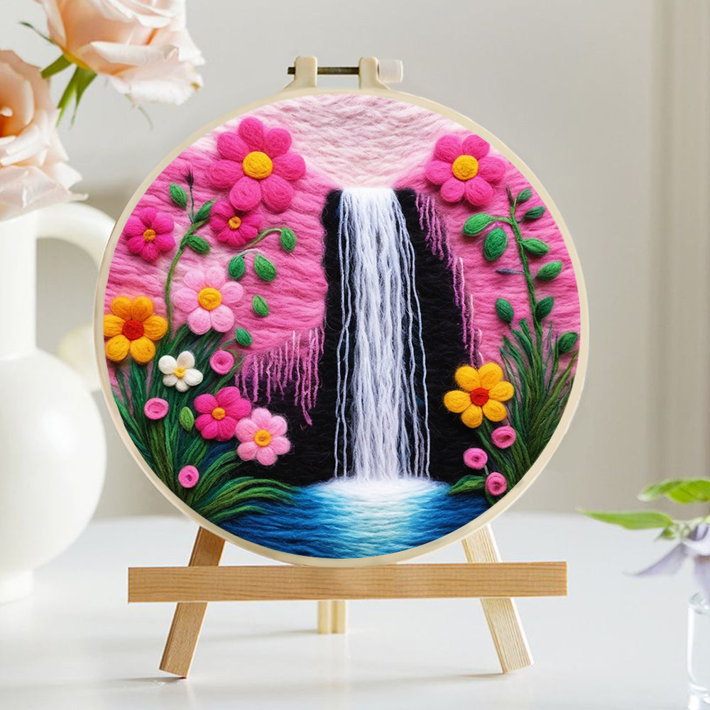 Soft Waterfall Flowing Through Flowers Wool Needle Felting Painting Kit