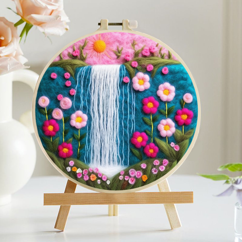 Waterfall Flowing Among Pink Flowers Wool Needle Felting Painting Kit