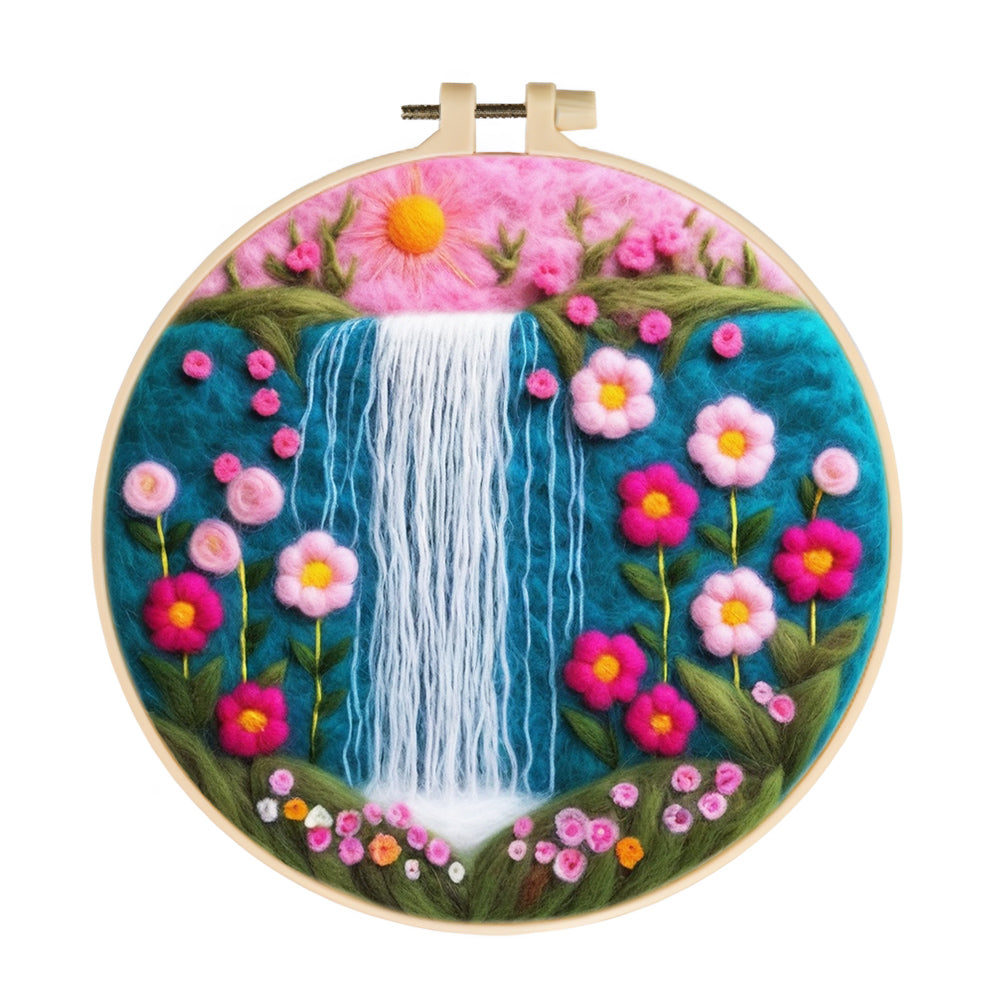 Waterfall Flowing Among Pink Flowers Wool Needle Felting Painting Kit