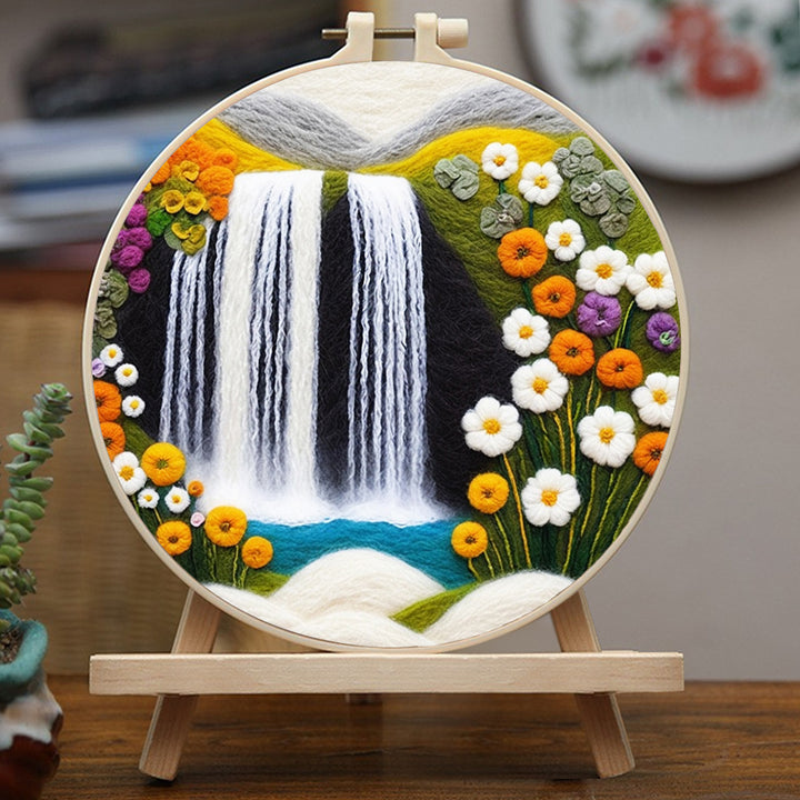 Gentle Waterfall With Blooming Flowers Wool Needle Felting Painting Kit